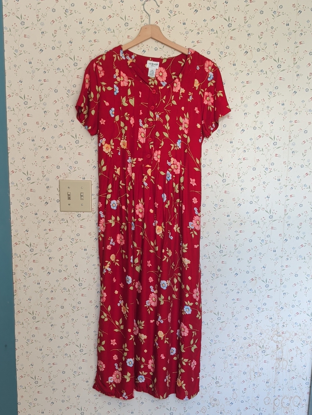 Liz Baker Maxi Dress Red Yellow Blue Floral Vintage Rayon 10P Boho Hippie
